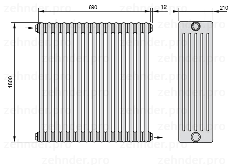 Схема (чертеж) Радиатор Zehnder Charleston 6180/15 №1670 Белый глянцевый RAL 9016